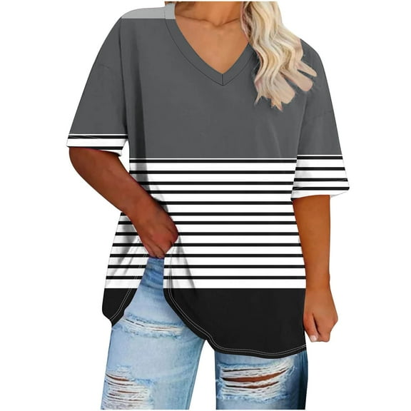 TKLPEHG Western Tops For Women Short Sleeve T Shirts Plus Size V-Neck Tunic Tops Fashion Summer Casual Loose Color Block Stripe Patchwork Graphic Tee Comfy Blouses (Black,XXXXL)