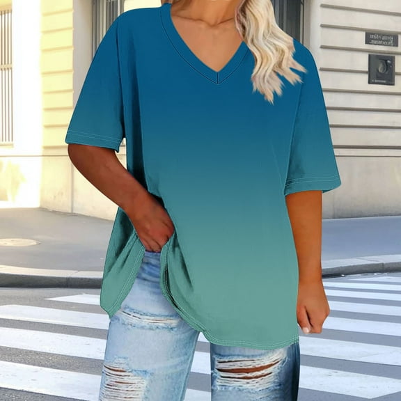 VgaVtl Short Sleeve Tshirts Shirts for Women V-Neck Ladies Tops Loose Casual Party Soft Gradient Print Sports Shirts,Blue 5XL