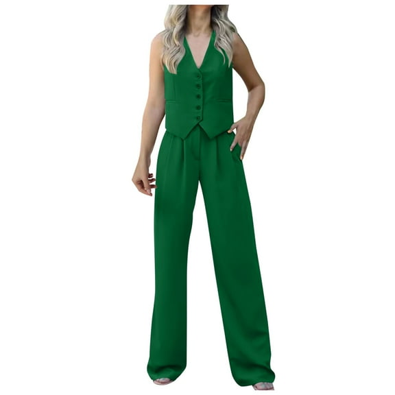 UJNDER Women's Two Piece Casual Outfits Button Sleeveless Vest Shirt Straight Wide Leg Trousers with Pockets Pant Suits for Women Green M