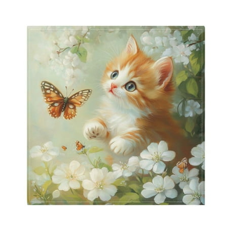 

Napkin Satin Napkin 20*20Inchx4 Kitchen Towel Dinner Plate Towel Decorative Towel Napkin Tea Towel Suitable For Kitchen Table Cat and White Flowers