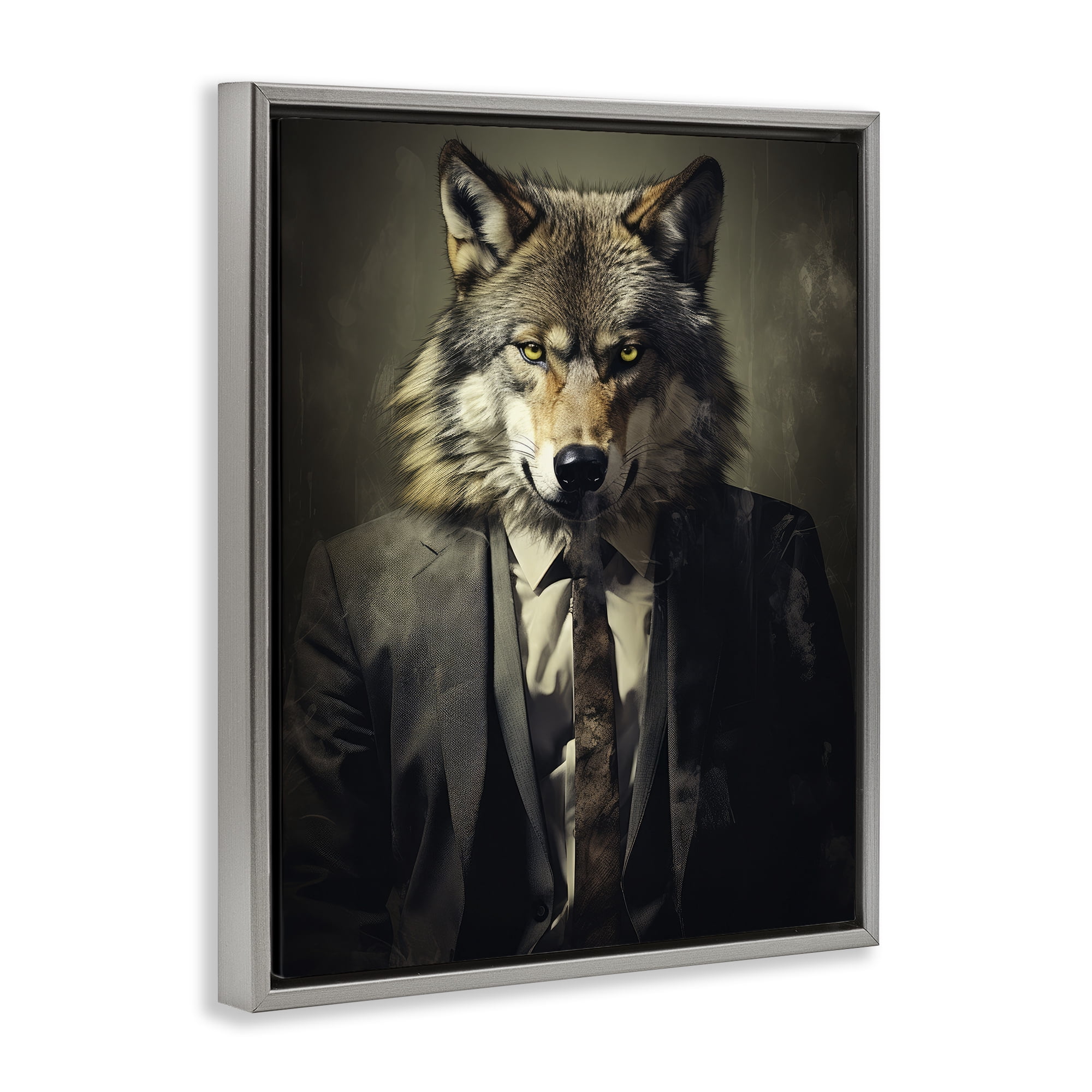 Stupell Industries Fancy Wolf in Suit Gray Framed Floater Canvas Wall Art, design by Ray Powers
