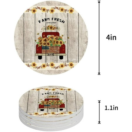 

ZHANZZK Vintage Farmhouse Red Truck Pull Sunflowers on Retro Wooden Set of 8 Round Coaster for Drinks Absorbent Ceramic Stone Coasters Cup Mat with Cork Base for Coffee Table Bar Decor