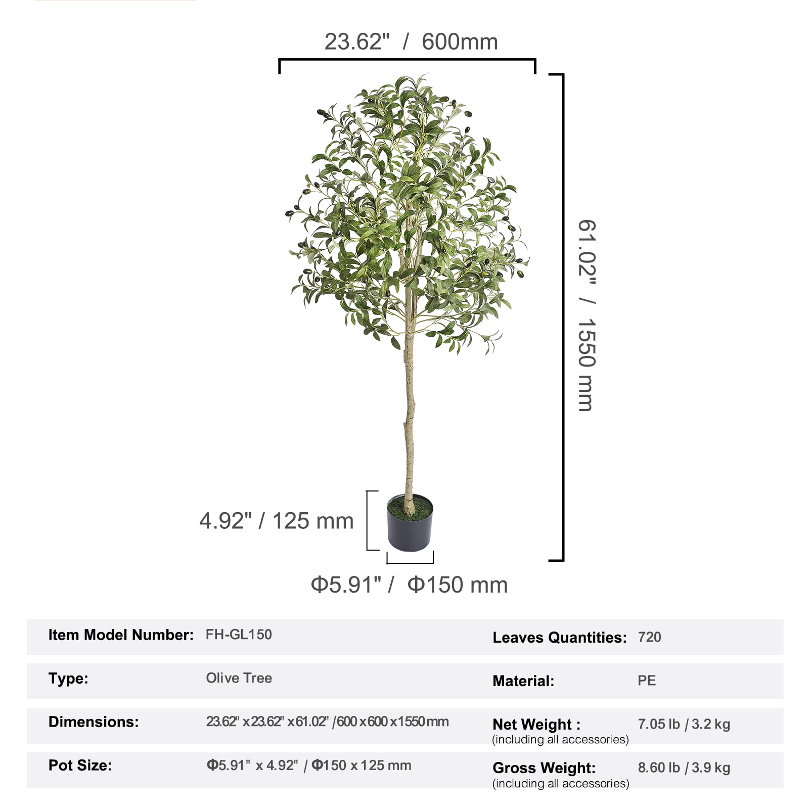 KFFKFF 5FT Artificial Olive Tree, Pre-assembled Faux Olive Tree in Black Plastic Pot, Indoor Fake Potted Tree with Natural Wood Trunk and Lifelike Fruits, Artificial Plants for Home Office Decor