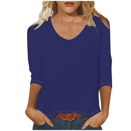 Womens 3/4 Sleeve Tops and Blouses Sale Loose Fit Solid Color Business Casual Blouse Womens T Shirts V Neck Oversized Tshirts for Women Gym Women s Fashion Tees Crewneck T-Shirt Ladies Tops Blouses Sh