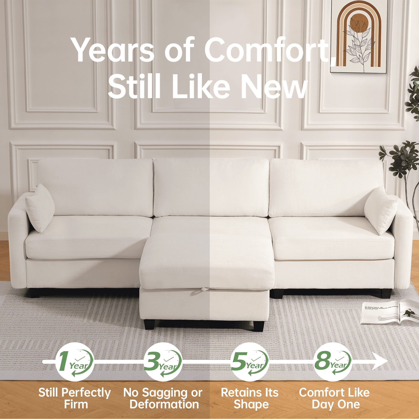 109" Modular Sectional Sofa Sleeper Bed with Storage Ottoman, Oversized Deep Seat Cloud Couch with Movable Ottomans, Convertible 4-Seat L-Shaped Sofa for Living Room or Apartment (High Legs 3.15")