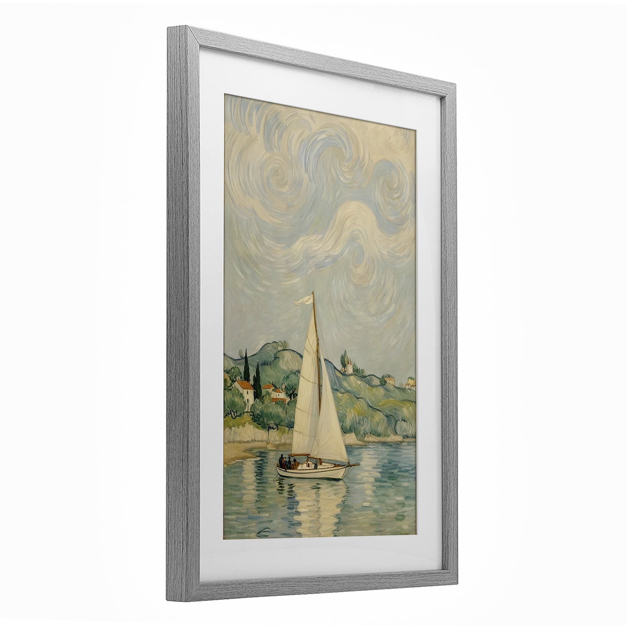 Stupell Industries Sailboat Beneath Swirling Clouds Gray Framed Print Under Glass, design by Angie Hawke