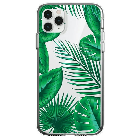 DistinctInk Clear Shockproof Hybrid Case for iPhone 11 Pro (5.8" Screen) - TPU Bumper, Acrylic Back, Tempered Glass Screen Protector - Green Tropical Leaves