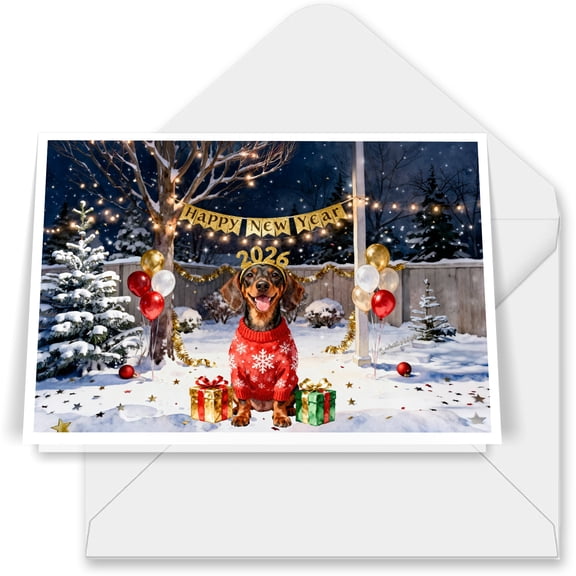 Happy New Year 2026 Dachshund Holiday Balloons Party Snow 7x5in Folded Greeting Card Wiener Dog Lover Gifts Idea Single Note Card with Envelope - 13018
