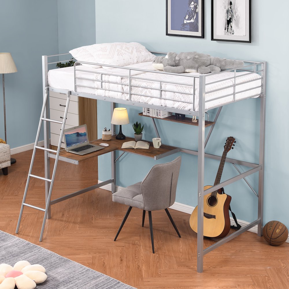 Euroco Twin Metal Loft Bed with Wood Study Desk & Shelf, Silver