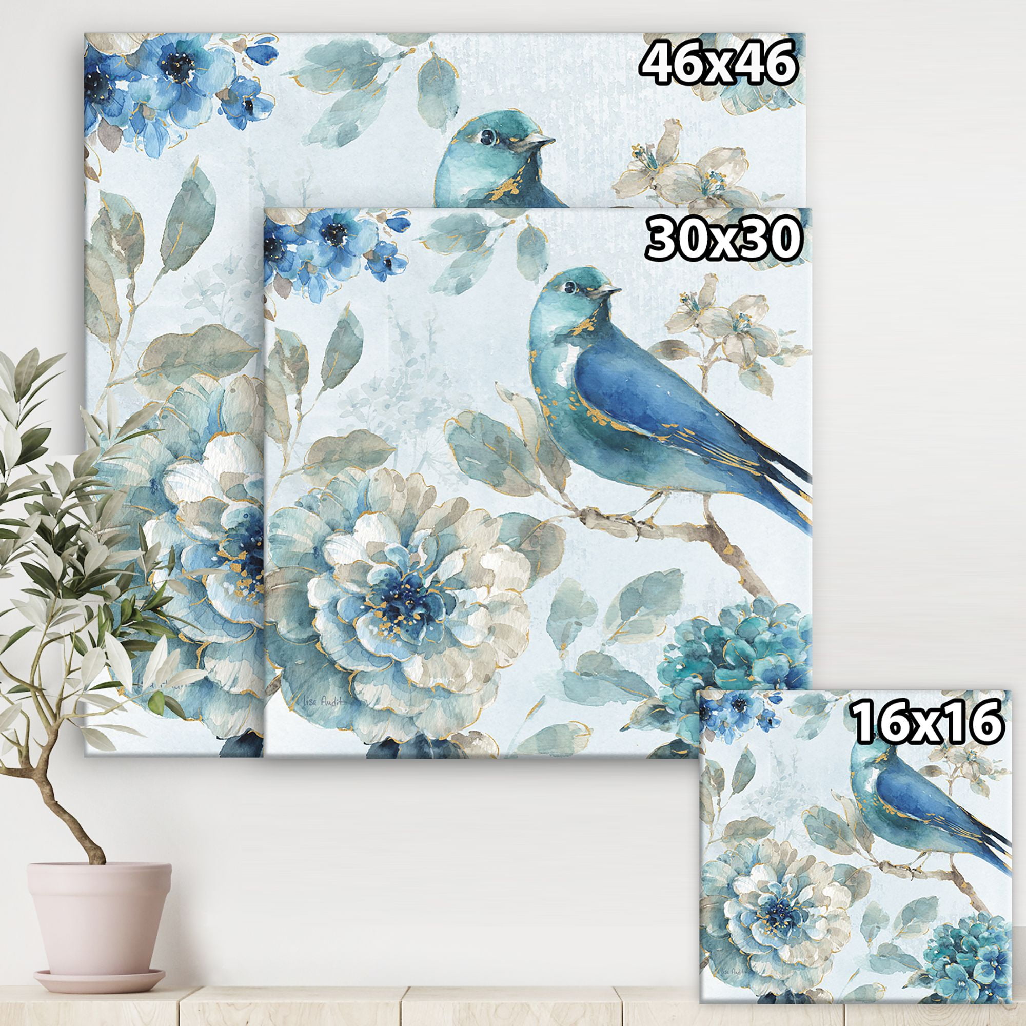Designart 'Indigold Watercolor Lovely bird II' Farmhouse Canvas Art