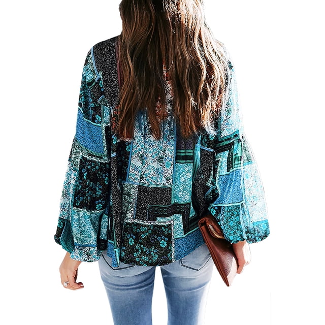 Camisa casual de manga larga Mujer Blusa de manga abullonada con estampado bohemio Top, XXL, Azul Methold AP000088-15B