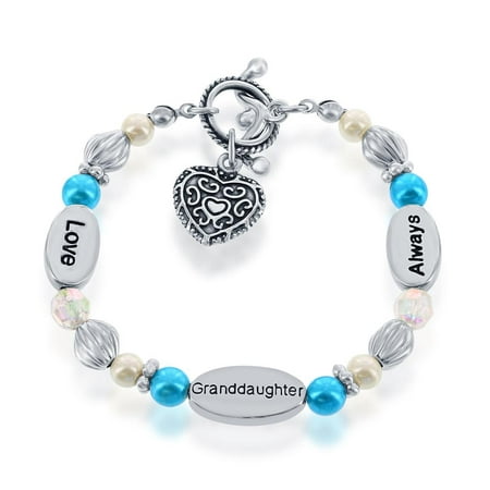 Beaux Bijoux Granddaughter Gift Stretch Heart Charm Bracelet for Girls Gift Boxed with Sentimental Card 'Love Granddaughter Always' Silvertone Beads & Synthetic Pearls