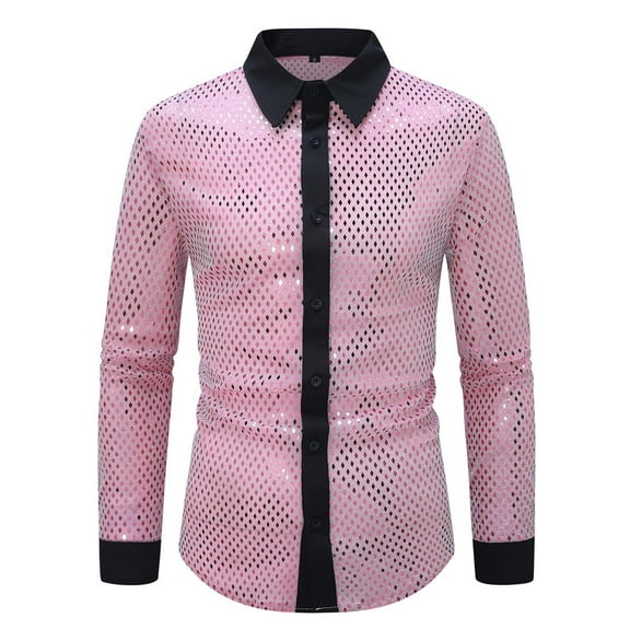 Men's 70s Disco Shirt Shiny Sequin Button Down Long Sleeve Shirts Slim Fit Shirt for Prom Party Costume