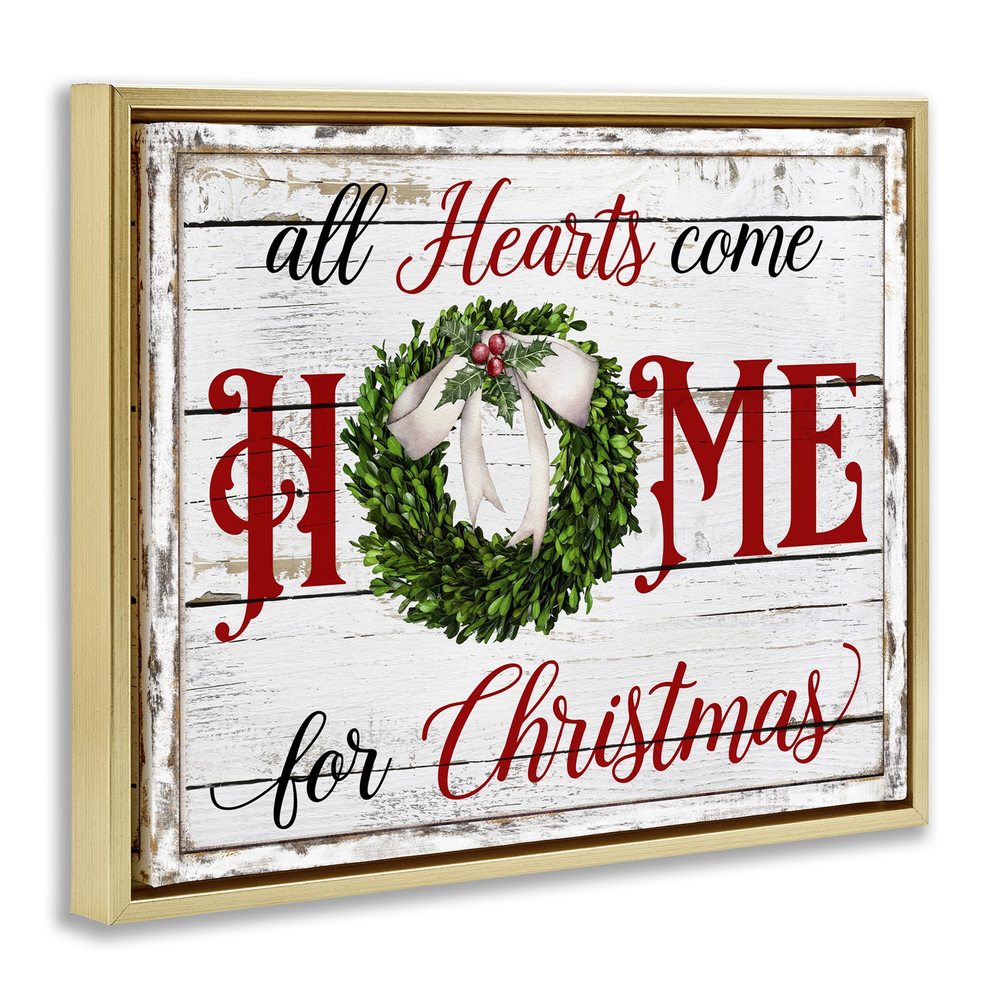 Stupell Industries Hearts Home For Christmas Holiday Painting Gold Floater Framed Canvas Art Prints Wall Art, 31 x 25