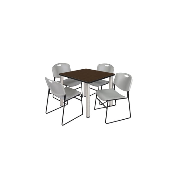 Kee 42" Square Breakroom Table- Neo Walnut/ Chrome & 4 Zeng Stack Chairs- Grey
