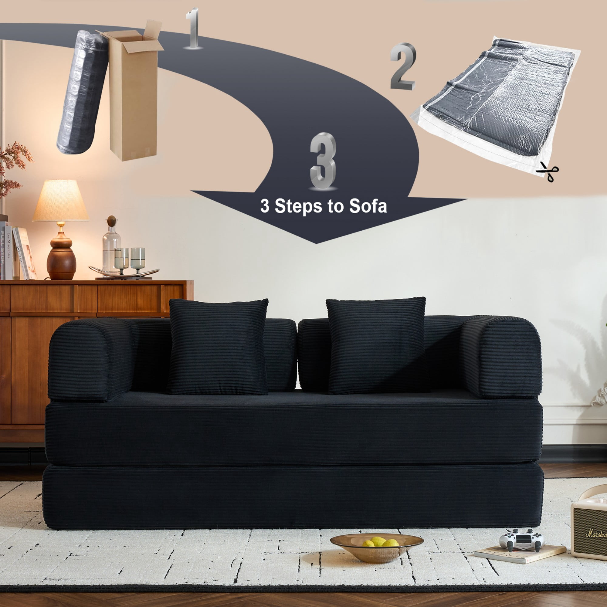 BSHTI 77" Corduroy Convertible Sleeper Sofa Bed with Cylindrical Pillow, No Assembly, Small Space for Living Room（Black）
