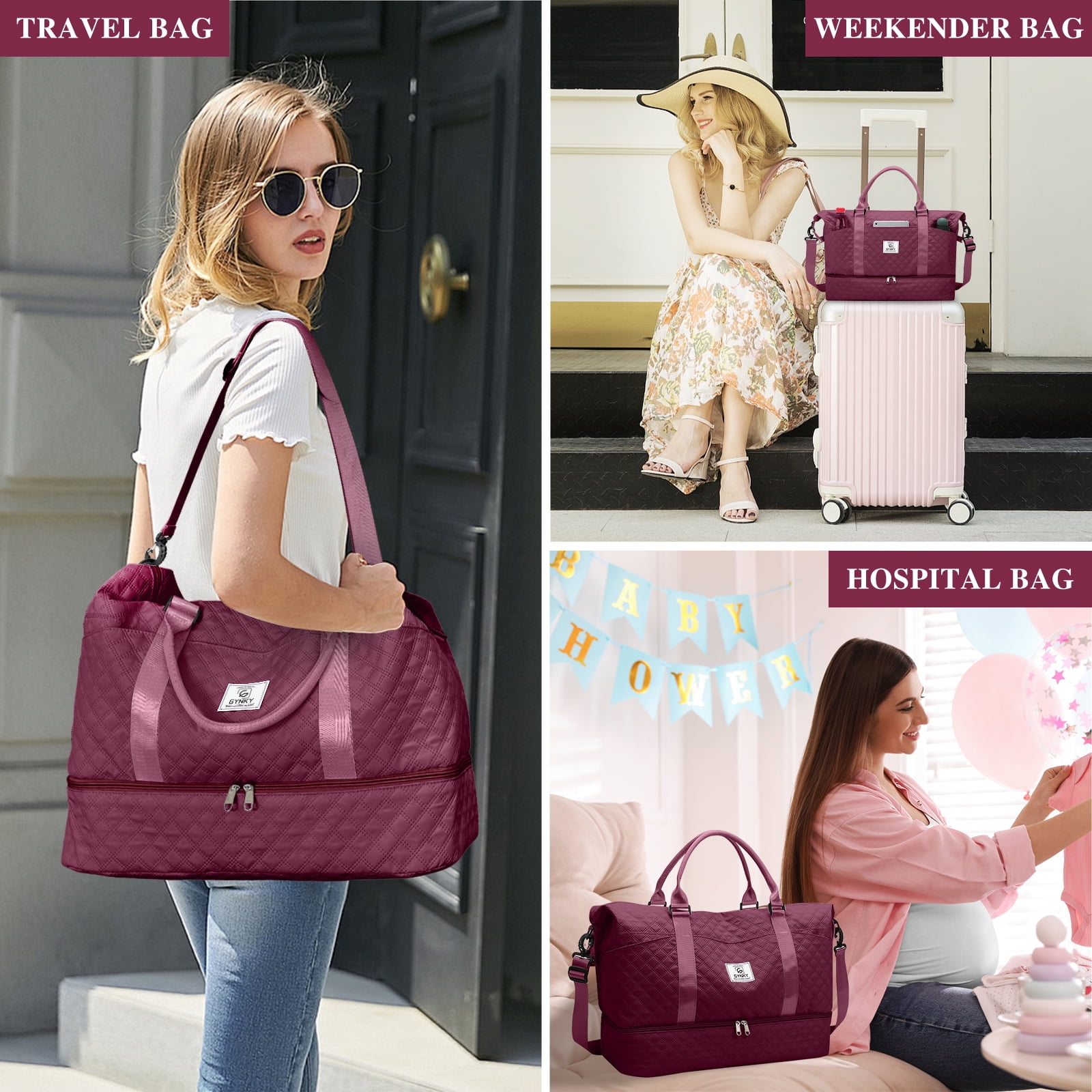 Gynky Travel Duffle Bag Weekender Bags for Women with Shoe Compartment Carry on Overnight Bag Gym Duffel Bag with Wet Pocket Hospital Bags for Labor and Delivery