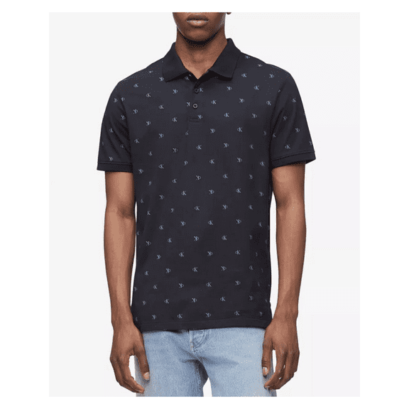 Calvin Klein Men Short Sleeve Monogram CK Print Allover Cotton Polo, Black, 2XL