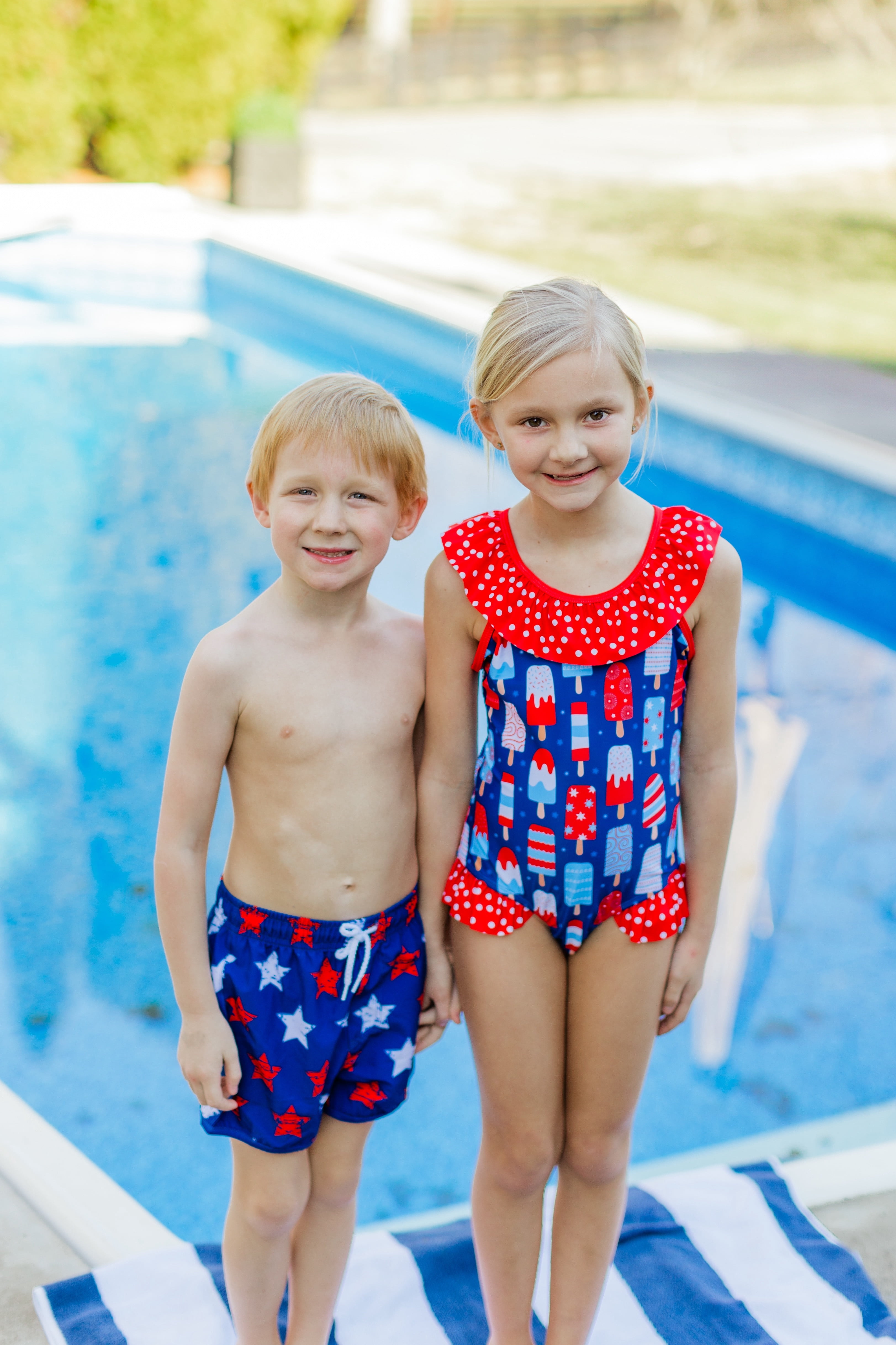 Millie Loves Lily Boys Red, Wht, & Blue Popsicles & Stripe Swim Shorts, Toddler Boys, Size 4T, 2-pcs UPF 50+