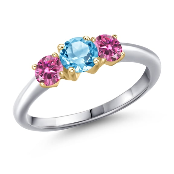 Gem Stone King 925 Silver and 10K Yellow Gold Swiss Blue Topaz and Pink Moissanite Engagement Ring for Women | 1.11 Cttw | Round 5MM | Gemstone November Birthstone | Size 5