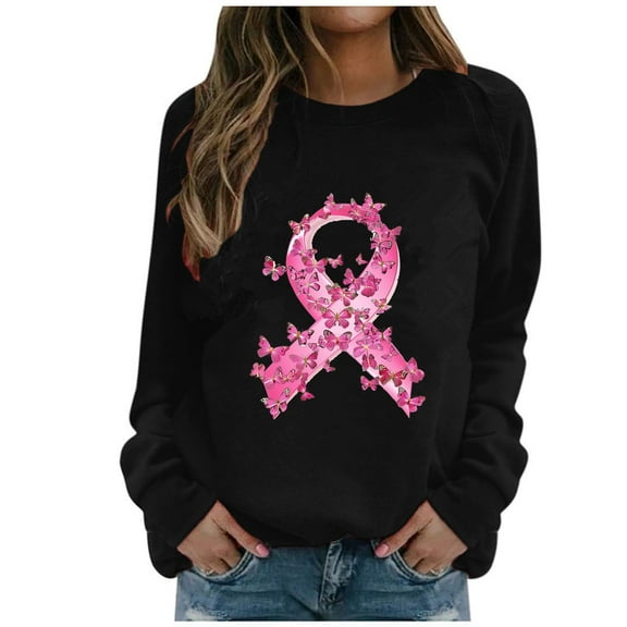 WREESH Women's Long Sleeve Breast Cancer Awareness Sweatshirt Casual Loose Fit Pink Ribbon Top Black