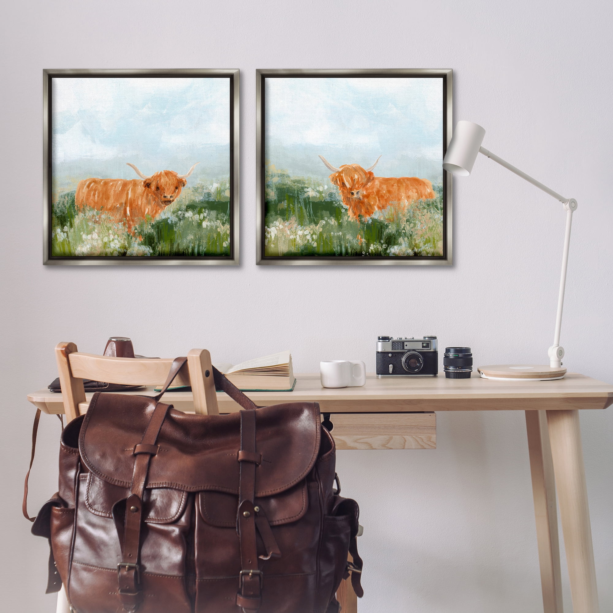Stupell Industries Shaggy Highland Cow in Field Animals Painting Gray Floater Framed Canvas Art Print Wall Art, 25 x 25, Set of 2