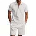 thumbnail image 2 of Men's Casual 2-Piece Set, Solid Color Polo Short Sleeve Shirt and Shorts, Relaxed Summer Outfit For Vacation Beach and Leisure,White,L, 2 of 8