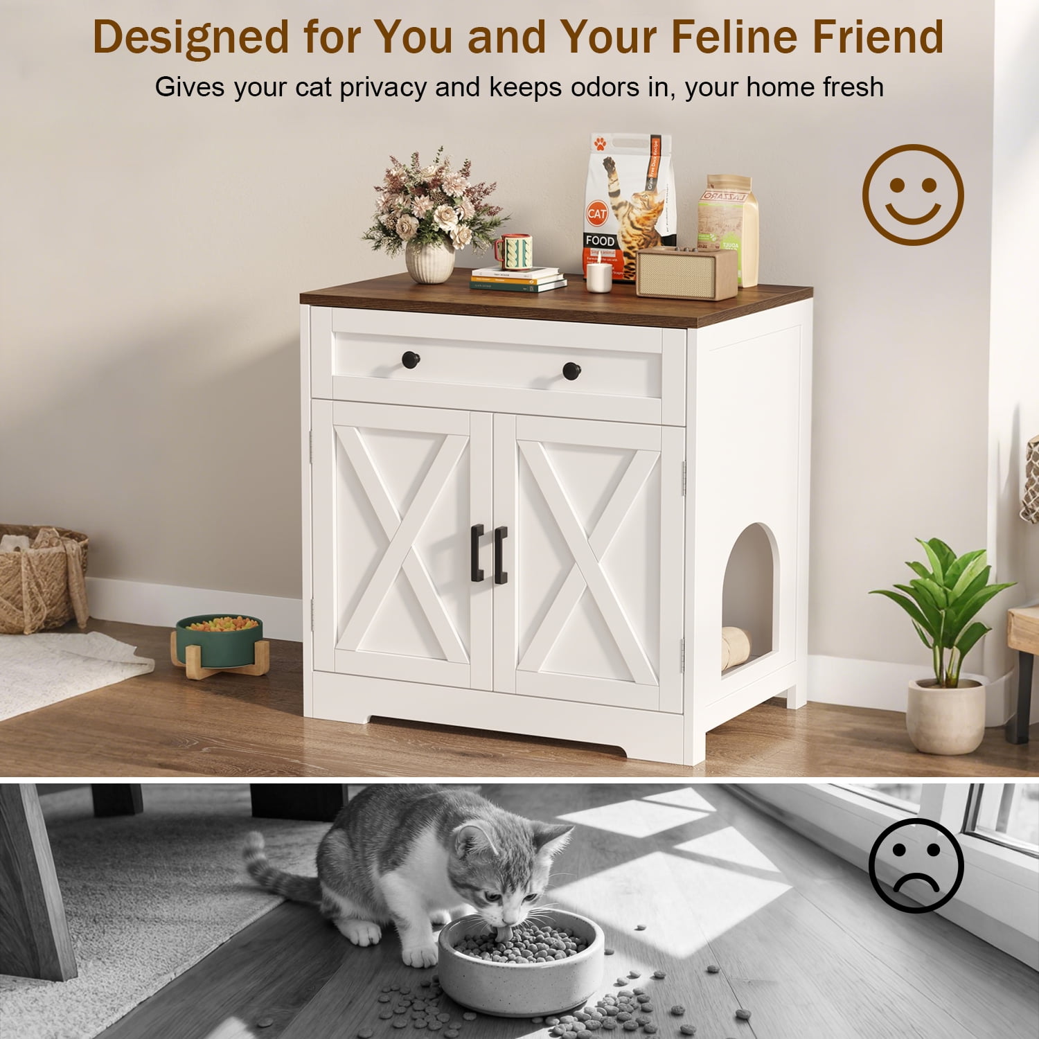 Cat Litter Box Enclosure with Storage Drawers, White Hidden Litter Box Furniture | Modern Farmhouse Style Indoor Cat House | Multi-Functional Side Table, Cabinet or Nightstand for Home