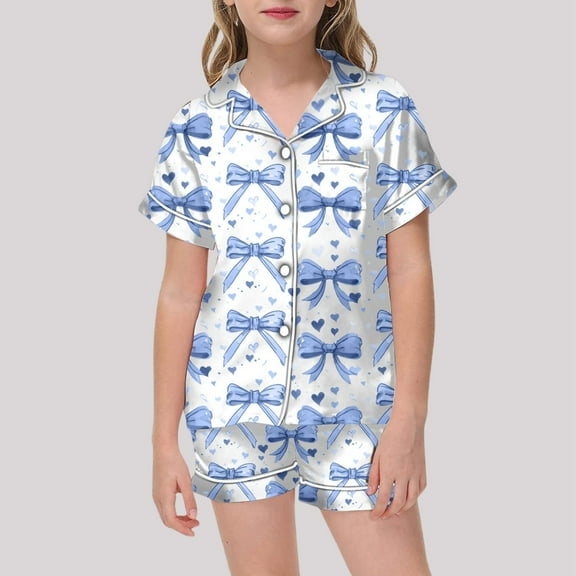 Kids Girls Silk Pajamas Bow Print 2 Piece Set Short Sleeve Button Down Sleepwear with Shorts Set Summer Pajamas for Girls Toddler Girl Pajamas 6-7 Years