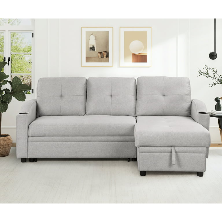 Churanty Pull Out Bed Sleeper Sectional Sofa Upholstery Reversible Couch  with Storage Chaise Cup Holder for Small Spaces,Gray