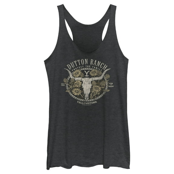 Women's Yellowstone Cow Skull and Flowers Protect The Family Racerback Tank Top