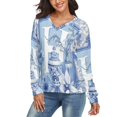 thumbnail image 3 of Blue Chinoiserie Toile Blue Chinoiserie Toile V-neck Sweater Winter Clothes Long Sleeve Knitwear Sweater Women's Pullover, 3 of 5