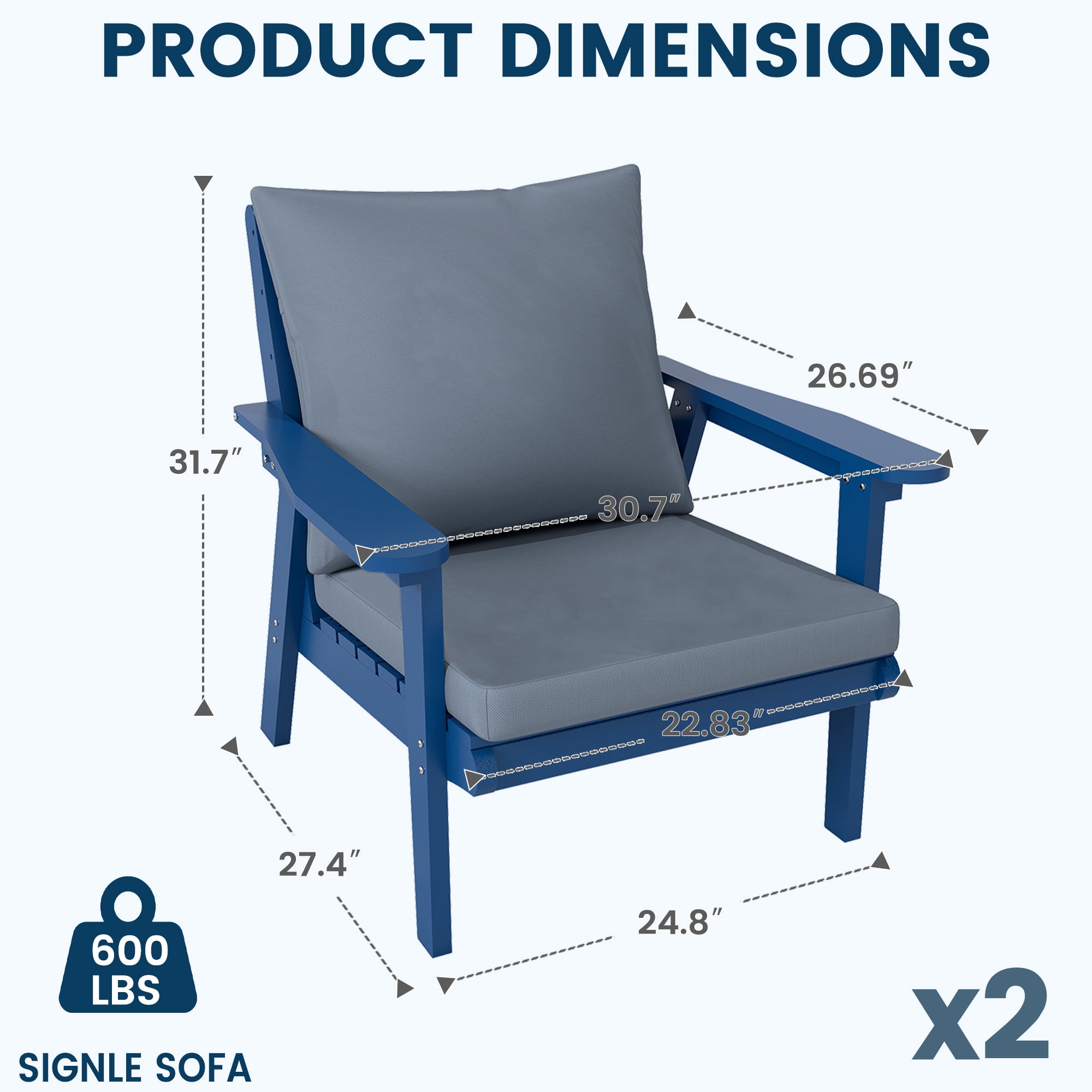 FOOWIN 4-Piece Patio Furniture Set, HDPE Outdoor Conversation Set with 4 Seating & Cushions, Perfect Patio Sofa Set for Garden, Porch, Backyard, Navy Frame with Grey Cushion