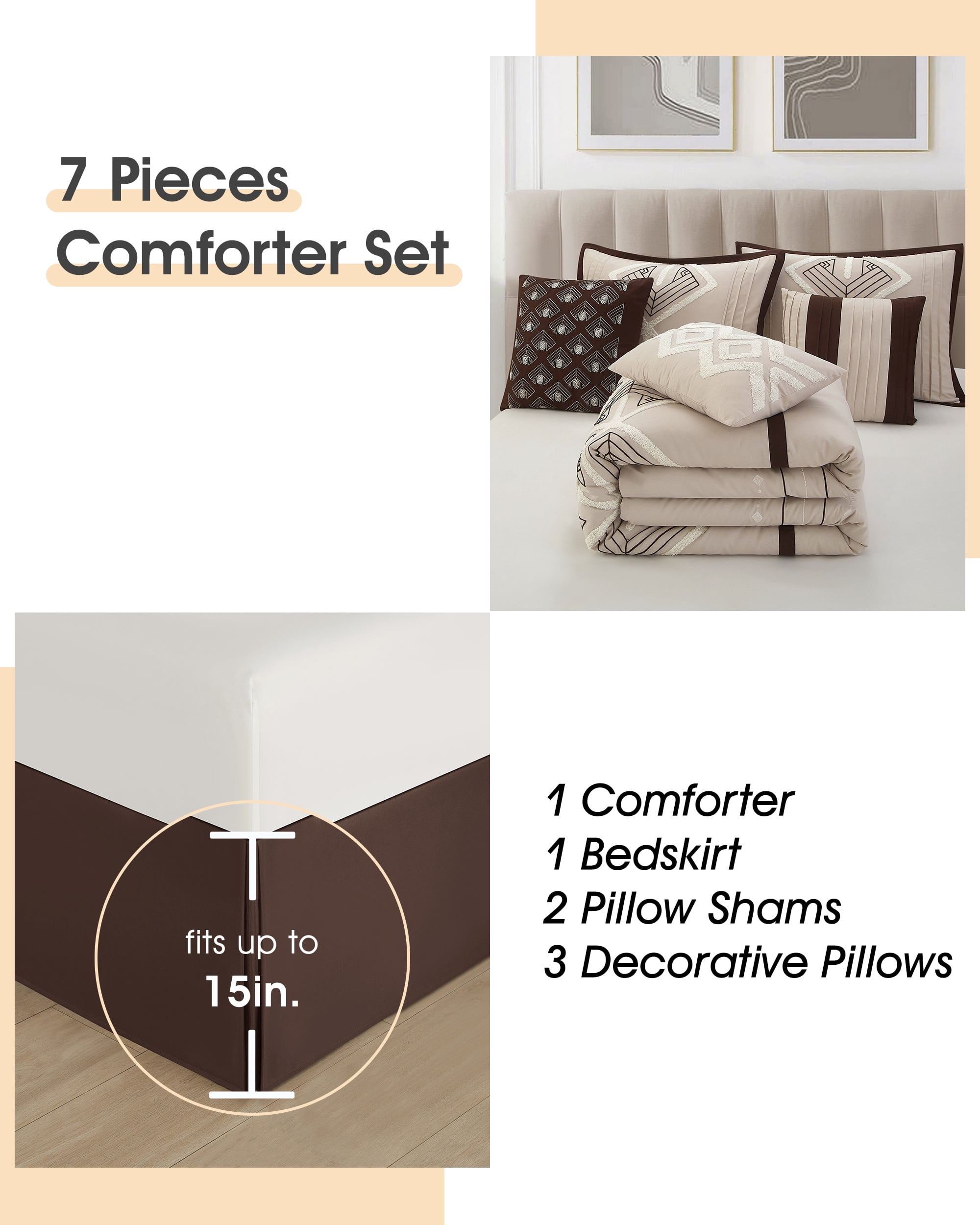 Lanco Brown Comforter Set King Size, 7 Piece, Terry Embroidery Geometric Home Decor, Matcking Bed Skirt, Pillows & Shams, All Season Bedding Set