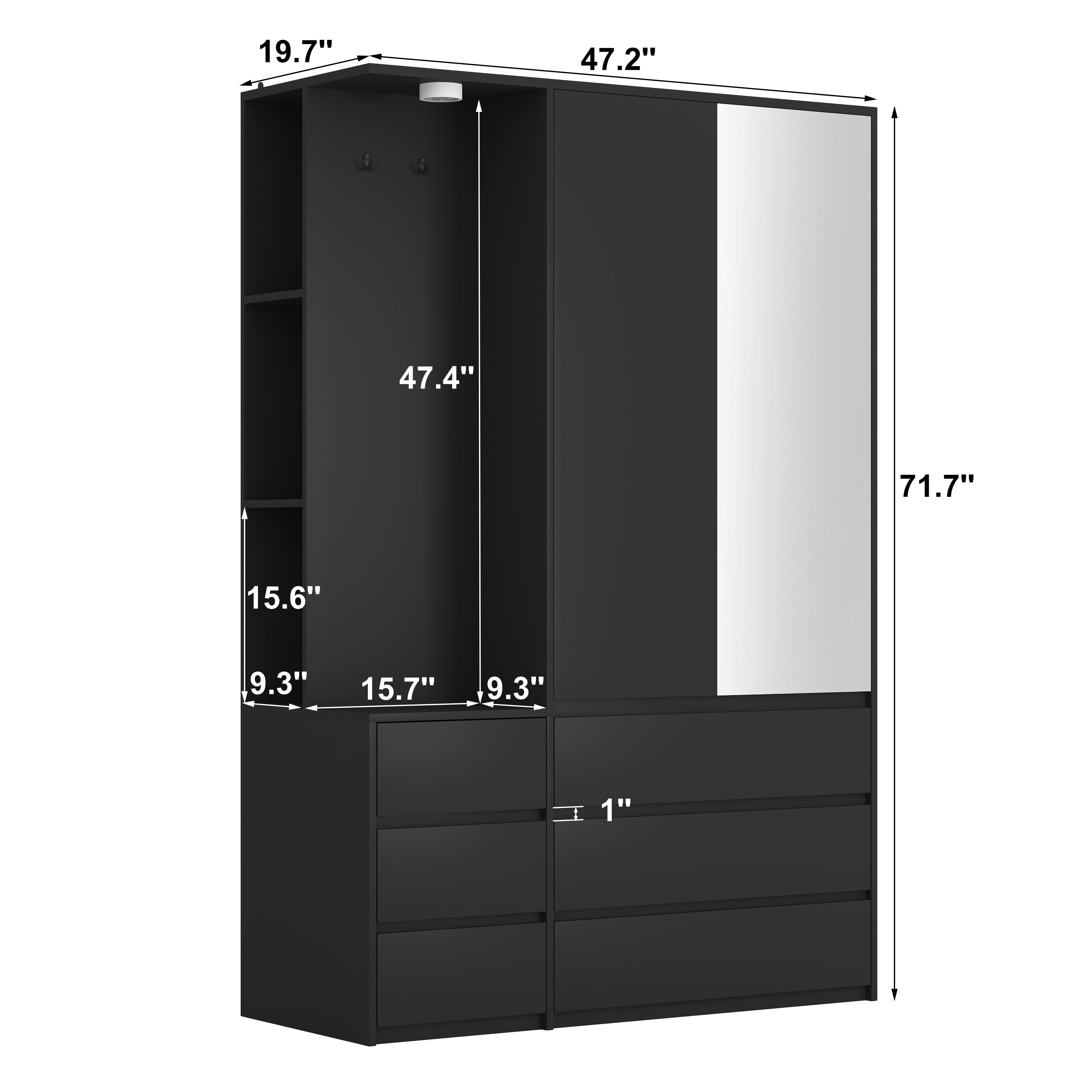 Mintazer Freestanding Wardrobe Armoire with Mirror Door, Open Coat Nook & 6 Drawers, 71" Tall Clothing Storage Cabinet with Hanging Rod & Light for Bedroom, Black