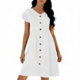 thumbnail image 5 of Bosfbaoi Dresses For Women V-Neck Empire Waist A-Line Dress Ruffle Short Sleeve Summer Dresses Solid Color Buttons Womens Dresses With Pockets, 5 of 6