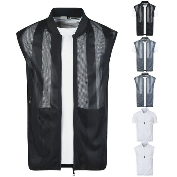 Hinvhai Men Summer Sleeveless Sun Protection Jackets Casual Lightweight Breathable Mesh Zipper Cycling Vest for Hiking Golf White 8(XL)