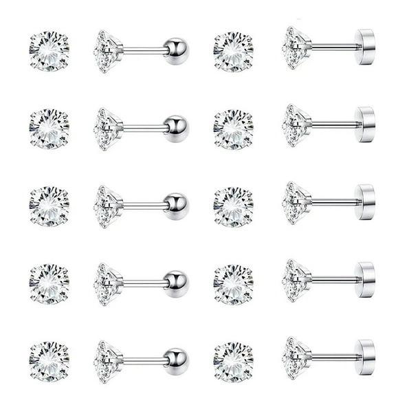 Nmkwnr 10 Pairs 316L Stainless Steel Earrings Round Cubic Zirconia Stud Earring Screw Flat Back Ear Stud Set for Women Men, Silver, 5mm