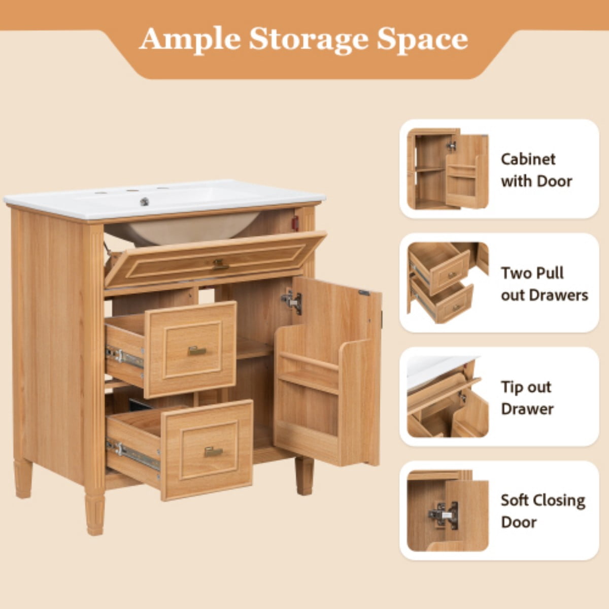 30" Bathroom Vanity with Sink, Modern Bathroom Cabinet with Ceramic Undermount Sink, Solid Wood & MDF Storage Cabinet with Flip Drawer, Adjustable Shelf, Natural