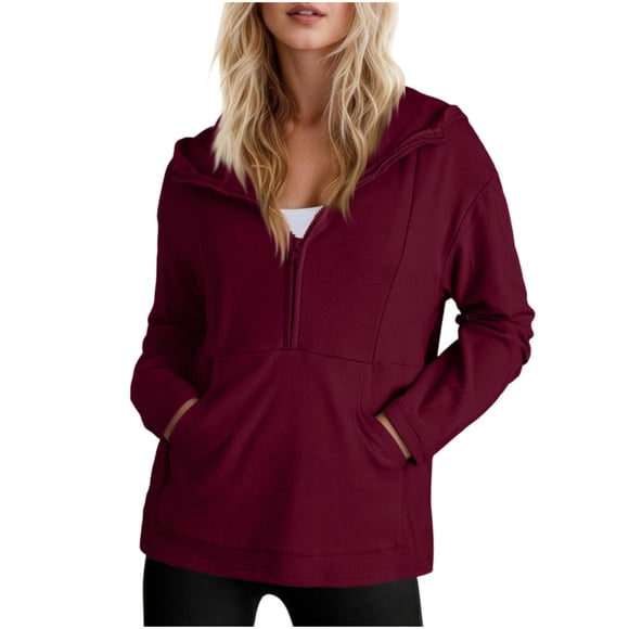 aohooy Hoodies for Women Soft Fleece Half Zip Up Hoodie Thin Long Sleeve Casual Pullover Oversized Sweatshirt Hooded Tops 2025 Red,M