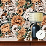 Haokhome Vintage Peel and Stick Floral Wallpaper Removable Large Peony Black/Orange/Pink Vinyl Self Adhesive Mural 17.7in x 9.8ft
