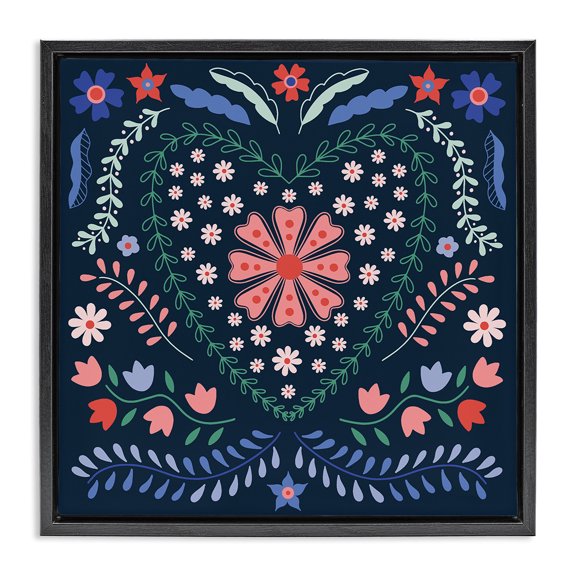 Stupell Industries Bohemian Folk Flowers in Heart Pattern Black Floating Frame Canvas Art, 18 x 18, by Sazerelli Designs