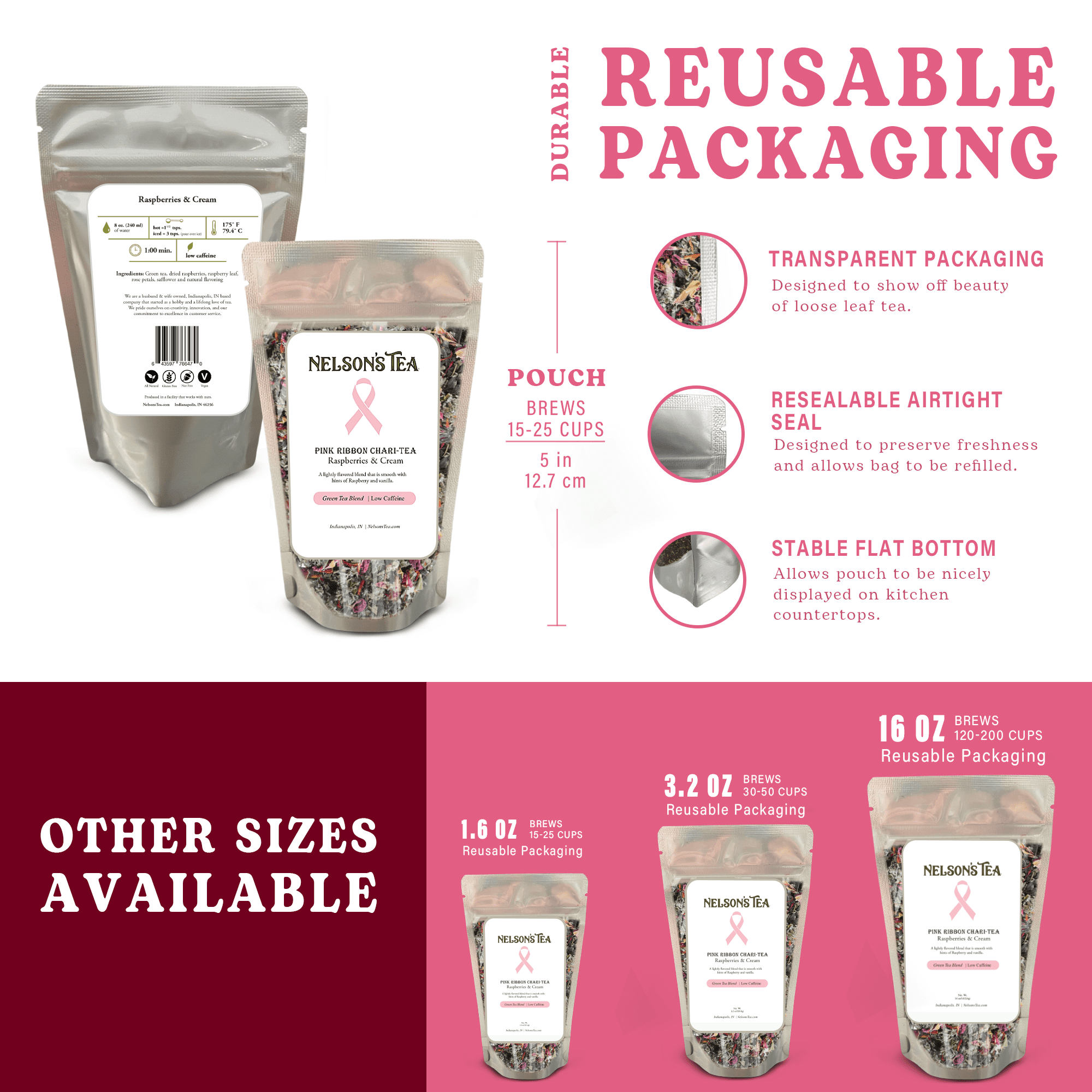 Nelson's Tea Raspberry & Cream - Cut & Sifted Raspberry Loose Leaf Tea with Rooibos Green Tea, Dried Red Raspberry Leaf, Marigold, Hibiscus, Rose Petals, and Safflower (3.2 oz)