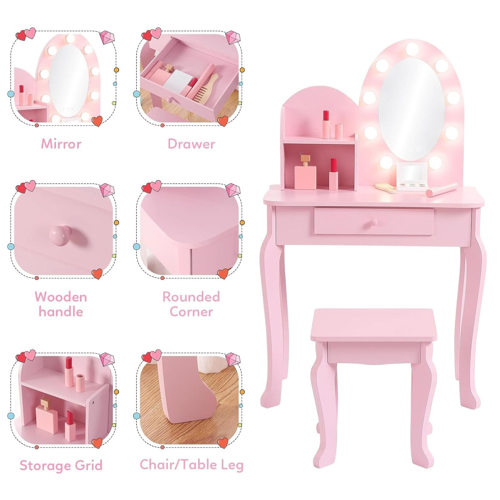 Kids Vanity Desk with Mirror Lights – Princess Makeup Dressing Table for Girls with Storage & Stool