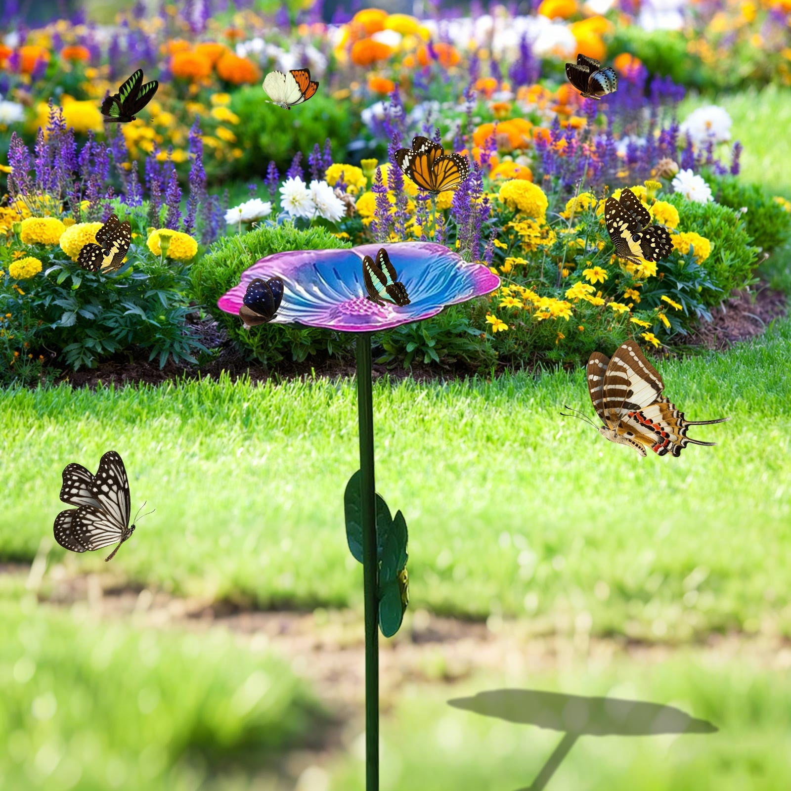 RRJ Bee Butterfly Hummingbird Water Feeder, Outdoor Metal Bird Bath Garden Decoration, Rust-Resistant Courtyard Patio Hanging Feeder for Attracting Pollinators and Wildlife