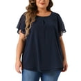 thumbnail image 1 of Blusa de gasa de mujer en tallas grandes Agnes Orinda, camisa de doble capa, cuello redondo, mangas cortas con volantes, tops casuales de trabajo 1X azul marino, 1 of 6