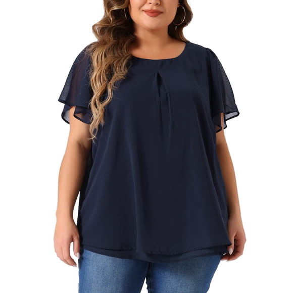 Agnes Orinda Women's Plus Size Chiffon Blouse Ruffle Short Sleeves Double-Layered Shirt Work Tops 3X Navy Blue