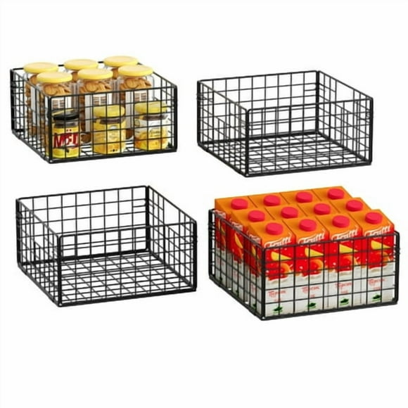 X-cosrack Metal Wire Basket Organizer Foldable & Wall Mounted Freezer Organizer Bins with Handles 4 Pack- Extra Large Mesh Bins for Pantry Organization Kitchen Laundry Closet Garage Patent Design