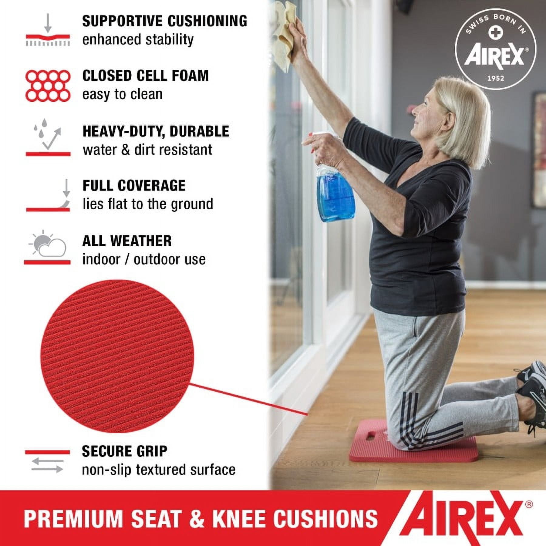 AIREX Premium Seat and Knee Cushion -Versatile Comfortable Knee or Seat Pad for Yoga, Pilates, Exercising, Gardening, Seating, Work 16" x 16", Red