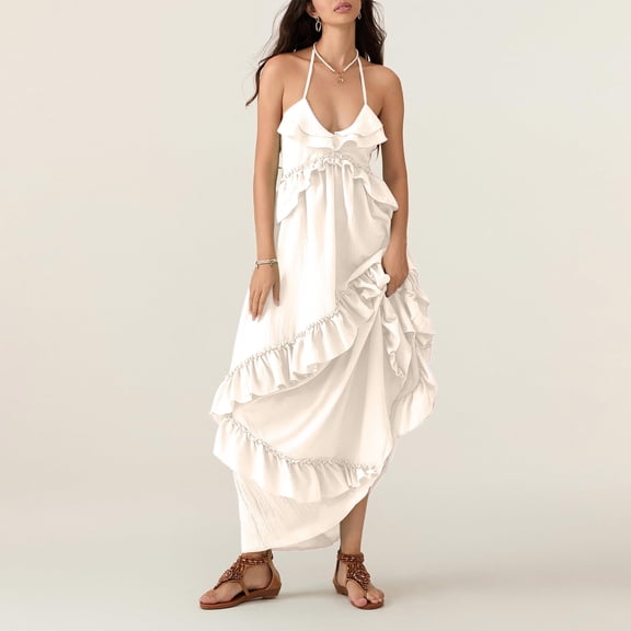 Odbmxy Women's Maxi Dress Halter Sleeveless Cocktail Women's Dresses Ruffles Fancy Loose Tunic White Party Solid Color Dress